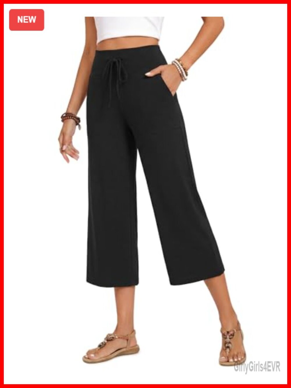 Wide Leg Capri Pants with Pockets High Waisted Drawstring